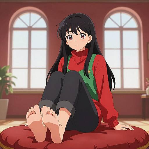Anime Girl Sitting on Red Cushion