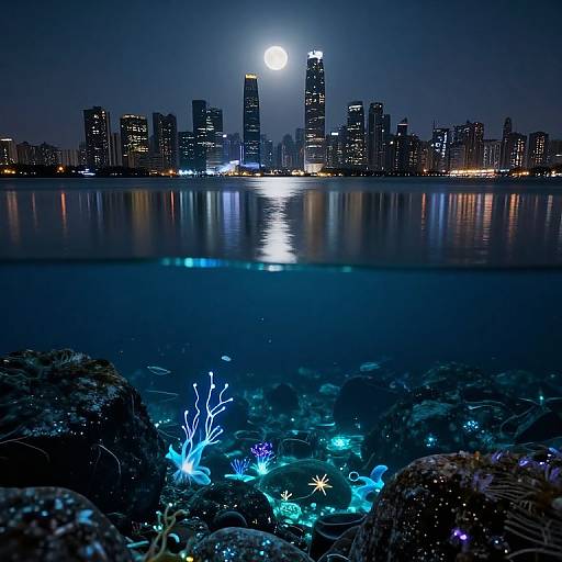 Nighttime cityscape photograph showing a full moon over a lit skyline reflected on a calm river, with underwater coral and bioluminescent marine life in