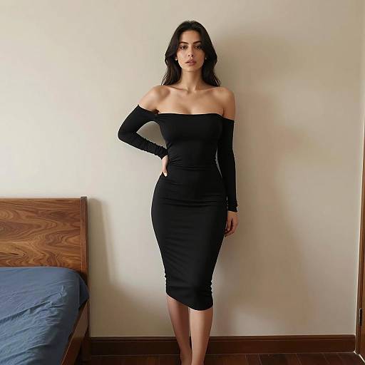 Elegant Woman Posed Against Beige Wall