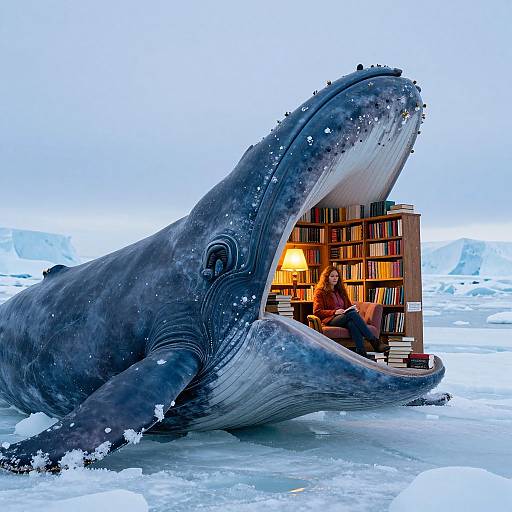 Photorealistic CGI: Giant blue whale with open mouth houses a cozy, lit bookshelf room, floating on icy waters under a bright sky.