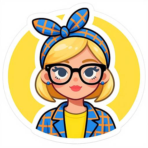 Cartoon-style digital illustration of a blonde woman with large glasses, blue-orange plaid headband, matching blazer, yellow shirt, and red lips