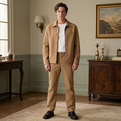 Photograph of a man with curly brown hair, wearing a tan jacket and pants, white shirt, black shoes, standing in a vintage-styled room