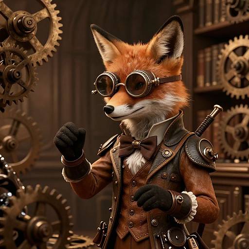 Digital art of an anthropomorphic fox in steampunk attire, wearing round goggles, brown leather vest, bowtie, and black gloves, surrounded by