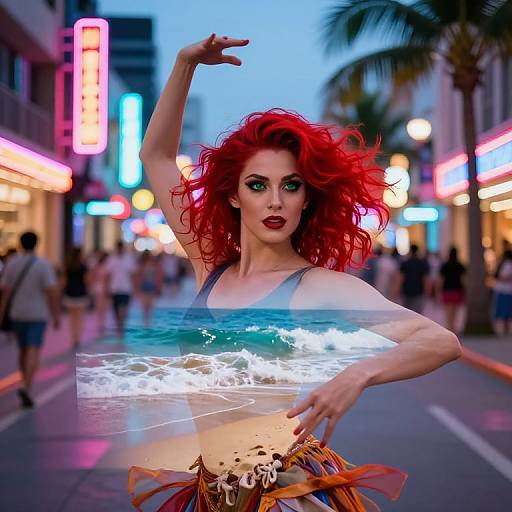 Photograph of a red-haired woman with dramatic makeup, neon city street background, and superimposed beach scene, wearing colorful, tribal-patterned skirt