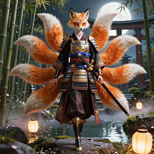 Kitsune Paladin in Moonlit Bamboo Grove