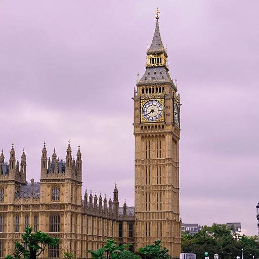 Photograph of the iconic Big Ben clock tower, part of the Palace of Westminster, with detailed Gothic architecture, set against a cloudy pinkish sky.