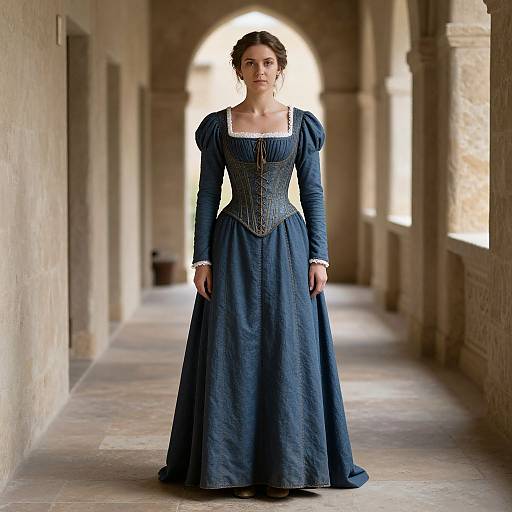 Photograph of a serious woman in a Victorian-style navy blue dress with puffed sleeves and corseted bodice, standing in a sunlit stone