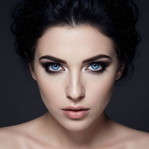 Photograph of a stunning woman with fair skin, striking blue eyes, dark eyebrows, and dark hair, set against a black background.