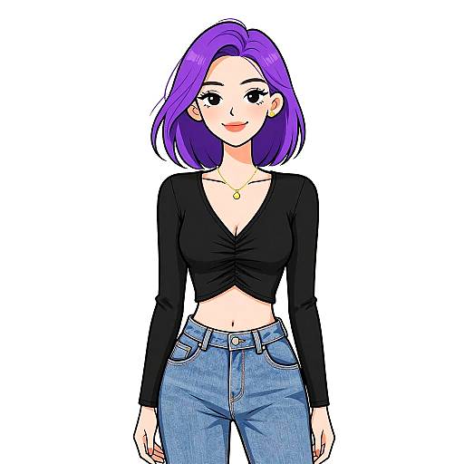 Digital anime-style drawing of a smiling woman with purple hair, black long-sleeve crop top, and blue jeans against a white background.