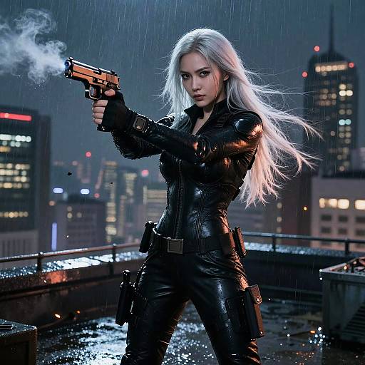 Digital art of a fierce, white-haired woman in black leather, holding a smoking gun on a rainy rooftop at night. City skyline with lit buildings in