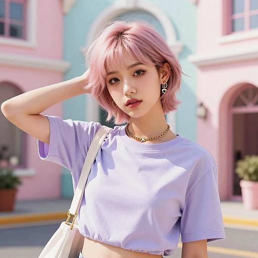 Photograph of an Asian woman with pink short hair, wearing a white crop top, gold necklace, and shoulder bag, standing in front of pastel