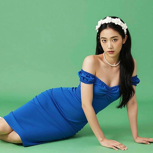 Woman in Blue Off-Shoulder Dress with Floral Headband