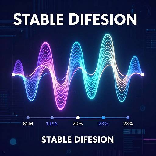 Digital image of a neon-colored, wavy stable diffusion graph with blue and purple lines on a dark, tech-themed background. Text reads 