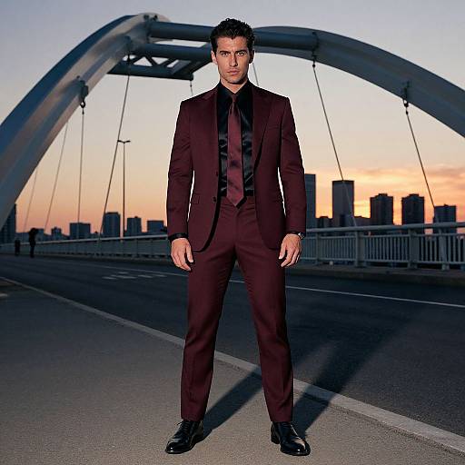 Photograph of a handsome man in a dark maroon suit standing on a bridge at sunset, city skyline in the background.