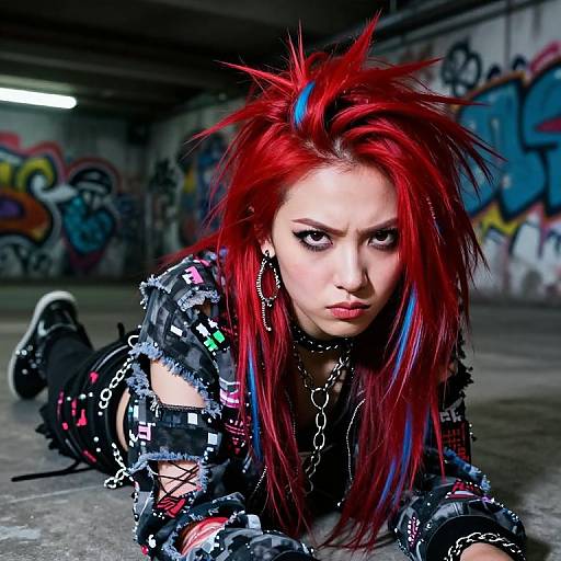 Photograph of a punk-rock, red-haired woman with blue highlights, wearing a spiked jacket, chains, and black boots, crawling in a graffiti-covered