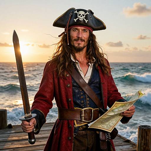 Confident Pirate with Sword and Map at Sunset