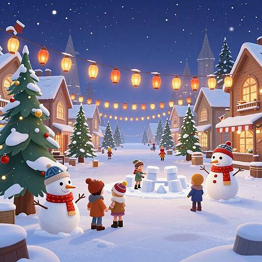 Digital illustration of a snowy village at night, children building snowmen, decorated Christmas trees, warm lanterns, and festive houses.