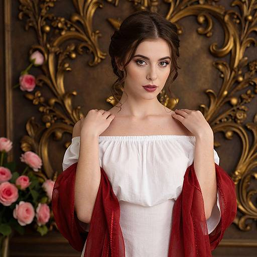 Photorealistic digital portrait of a fair-skinned woman with dark brown hair, wearing a white off-shoulder dress and red shawl, against