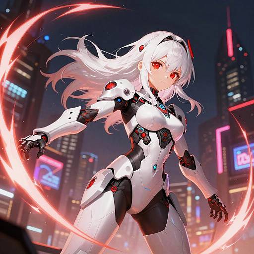 Digital anime artwork of a white-haired, red-eyed woman in a white and black futuristic bodysuit, wielding a glowing red energy circle in a neon