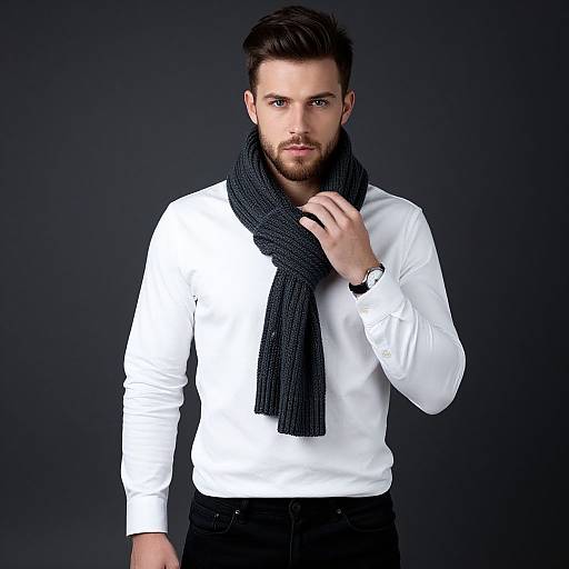 Photograph of a handsome bearded man with dark hair, wearing a white long-sleeve shirt, black scarf, and black pants, against a