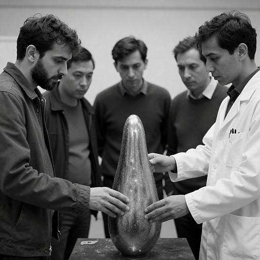 Men Analyzing Mysterious Object in B&W