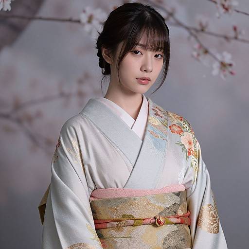 Photograph of an East Asian woman in a white, floral-patterned kimono with a gold obi, standing against a cherry blossom backdrop.