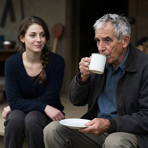 Older Man Drinking Coffee with Younger Woman Outdoors