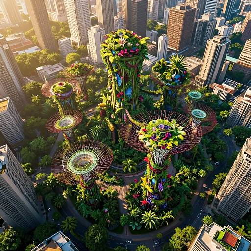 Aerial CGI of a vibrant, futuristic urban park with towering, colorful, bioluminescent plant structures amidst skyscrapers, bathed in sunlight