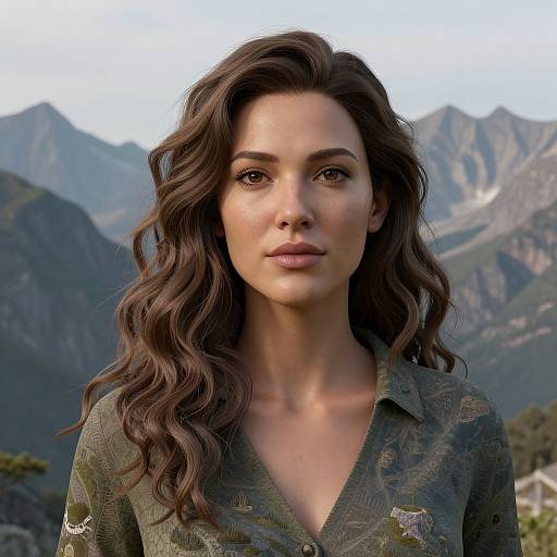 Photorealistic portrait of a beautiful woman with wavy brown hair, wearing a green patterned shirt, against a mountainous background.