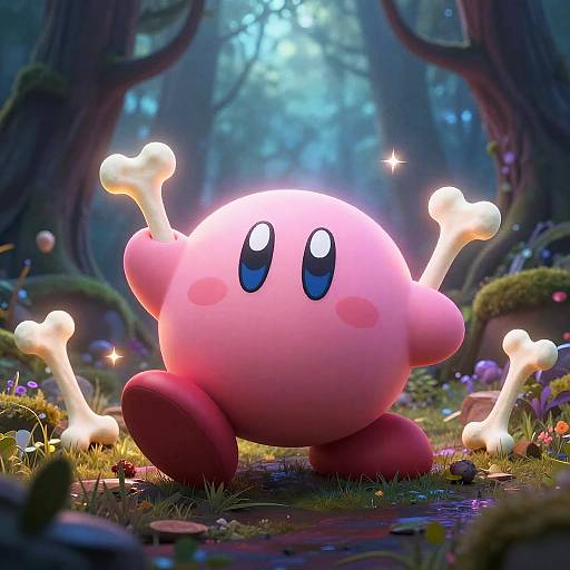 Digital CGI image of Kirby, a pink, round character with blue eyes, holding two glowing bones, in a mystical forest with glowing mushrooms and soft blue