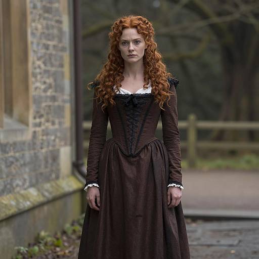 Woman in Victorian-Style Dress with Curly Red Hair