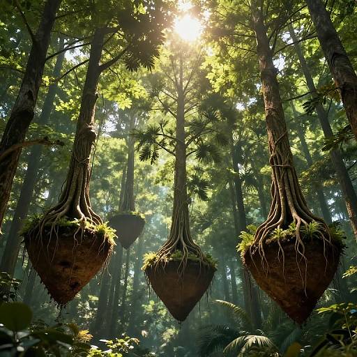 Photorealistic CGI forest scene with sunlight filtering through dense trees, three hanging root pods with green plants growing from them.
