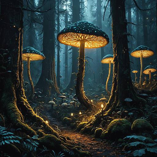 Glowing Mushrooms in Foggy Ancient Forest
