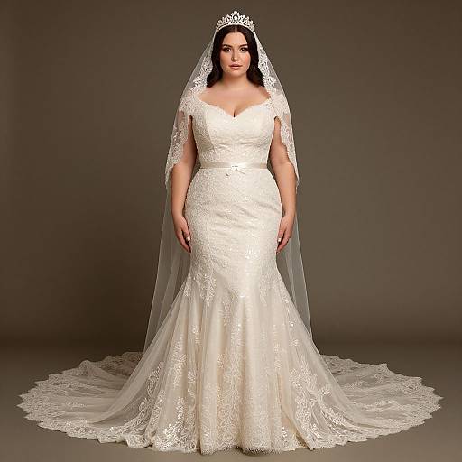 Photograph of a plus-size bride in an elegant white lace wedding dress with a deep V-neck, long veil, and tiara, standing against a