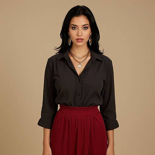 Photograph of an Asian woman with long black hair, wearing a black button-up shirt and red high-waisted skirt, layered necklaces, and