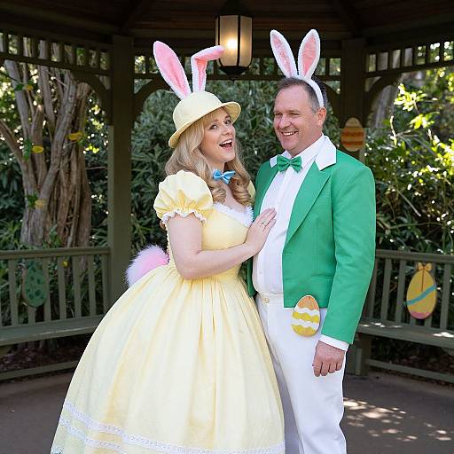 Photograph of a smiling couple in Easter bunny costumes; woman in yellow dress and hat, man in green suit and white bow tie, holding a bunny