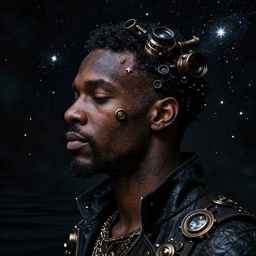 Photographic portrait of a dark-skinned man with curly hair adorned with brass gears, wearing a leather jacket with metallic buttons, set against a starry