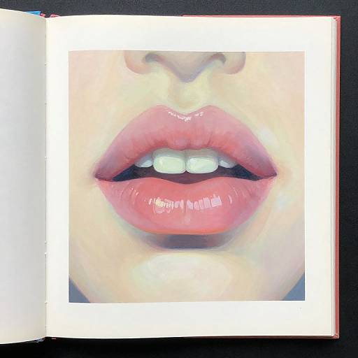 Close-up photograph of a woman's lips with glossy, pink lipstick and slightly parted teeth, centered on a white-bordered photo frame.
