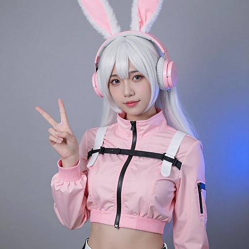 Neon Style Asian Woman with Bunny Headphones