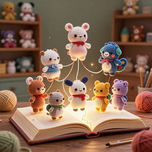 Photograph of colorful, crocheted animal toys balancing on an open book, illuminated by a warm light, surrounded by yarn balls and a cluttered