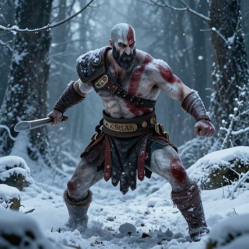 Digital art of a bearded, bald Viking warrior with blood-stained muscles, wearing armor and fur loincloth, wielding a sword in a snowy