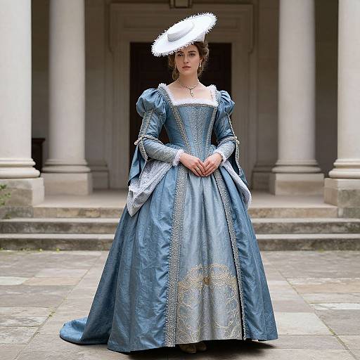 Photograph of a woman in an elaborate, blue, 18th-century-style gown with puffed sleeves and intricate gold embroidery, standing in front of