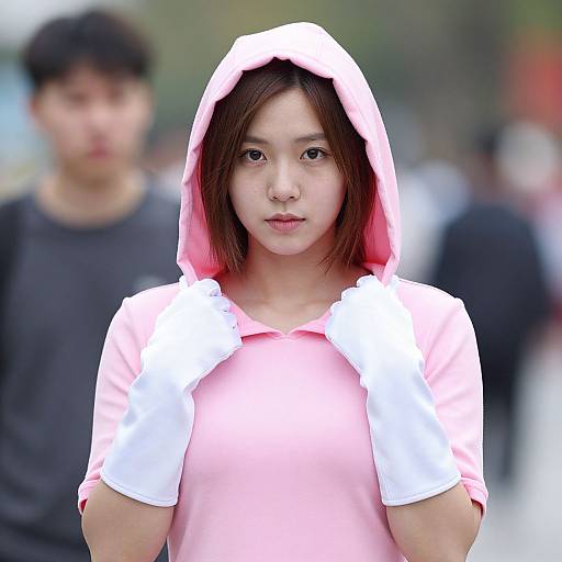Photograph of a young Asian woman in a pink hoodie with white gloves, standing in a blurred urban background, looking directly at the camera with a neutral