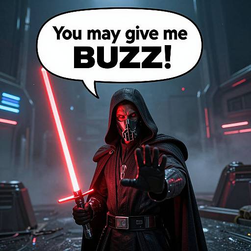 Digital artwork of Darth Vader with a red lightsaber, hood up, and mask on, pointing forward with a speech bubble saying 