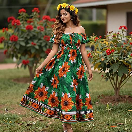 Woman in Floral Dress with Flower Crown in Garden