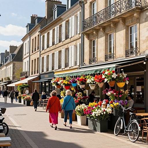 Photograph of a sunny Parisian street with colorful flower displays, two older women in bright clothing walking away, and classic buildings with iron balconies.