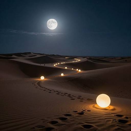 Photograph of a moonlit desert with glowing spherical lights on a winding path through dunes, illuminated by a full moon.