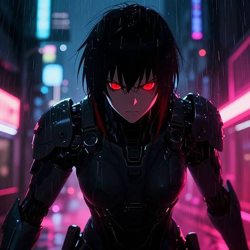 Cybernetic female warrior with glowing red eyes, black armor, and wet hair stands in a neon-lit, rainy city street, illuminated by