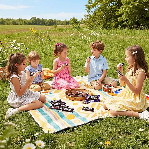 Photograph of five children, four girls and one boy, sitting on a colorful picnic blanket in a sunny, grassy field, enjoying chocolate bars and