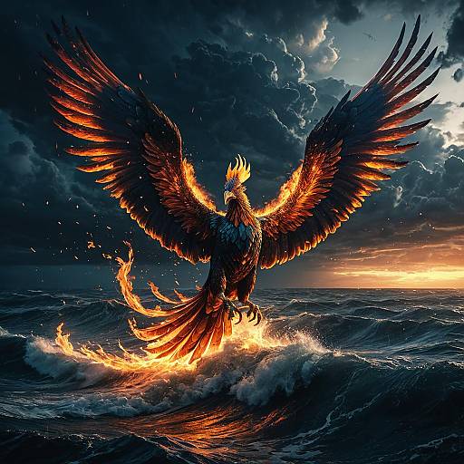 Celestial Phoenix Soaring Over Stormy Ocean